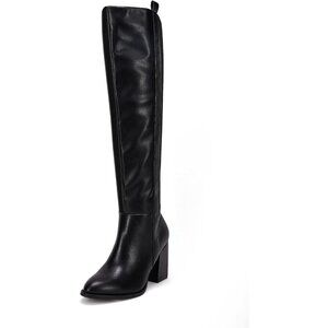 Womens Cool Black Faux Suede Knee High Side Zipper Chunky Heel Winter Boots